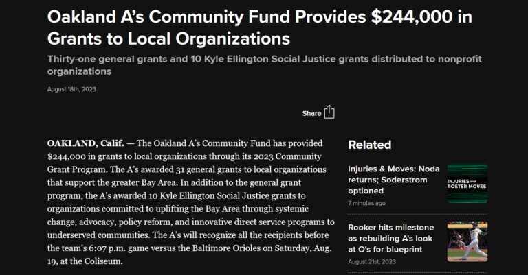 Oakland A’s Community Fund Provides $244,000 in Grants to Local Organizations