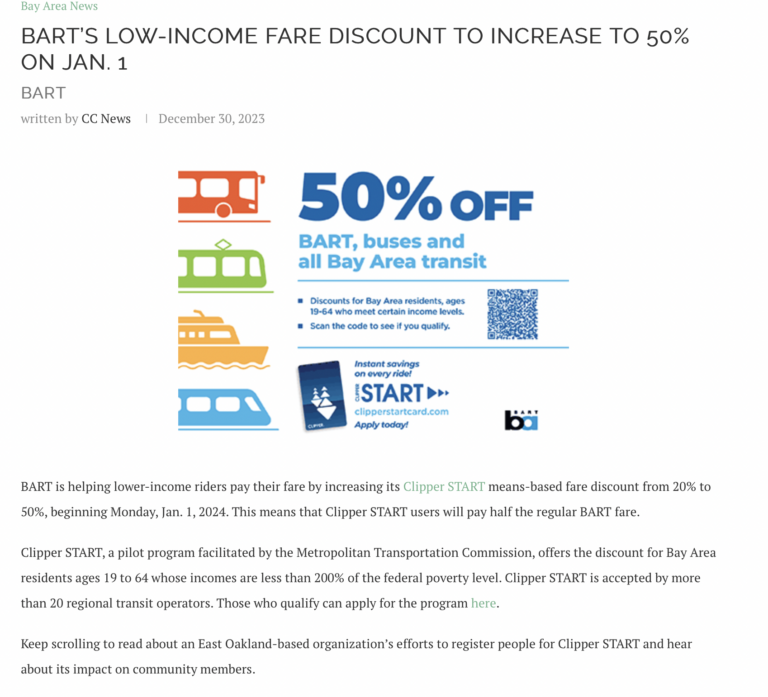 BART’S LOW-INCOME FARE DISCOUNT TO INCREASE TO 50% ON JAN. 1